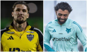 Lyanco e Gabigol em treinos por Atlético e Cruzeiro (foto: Pedro Souza/Atlético e Gustavo Aleixo/Cruzeiro)