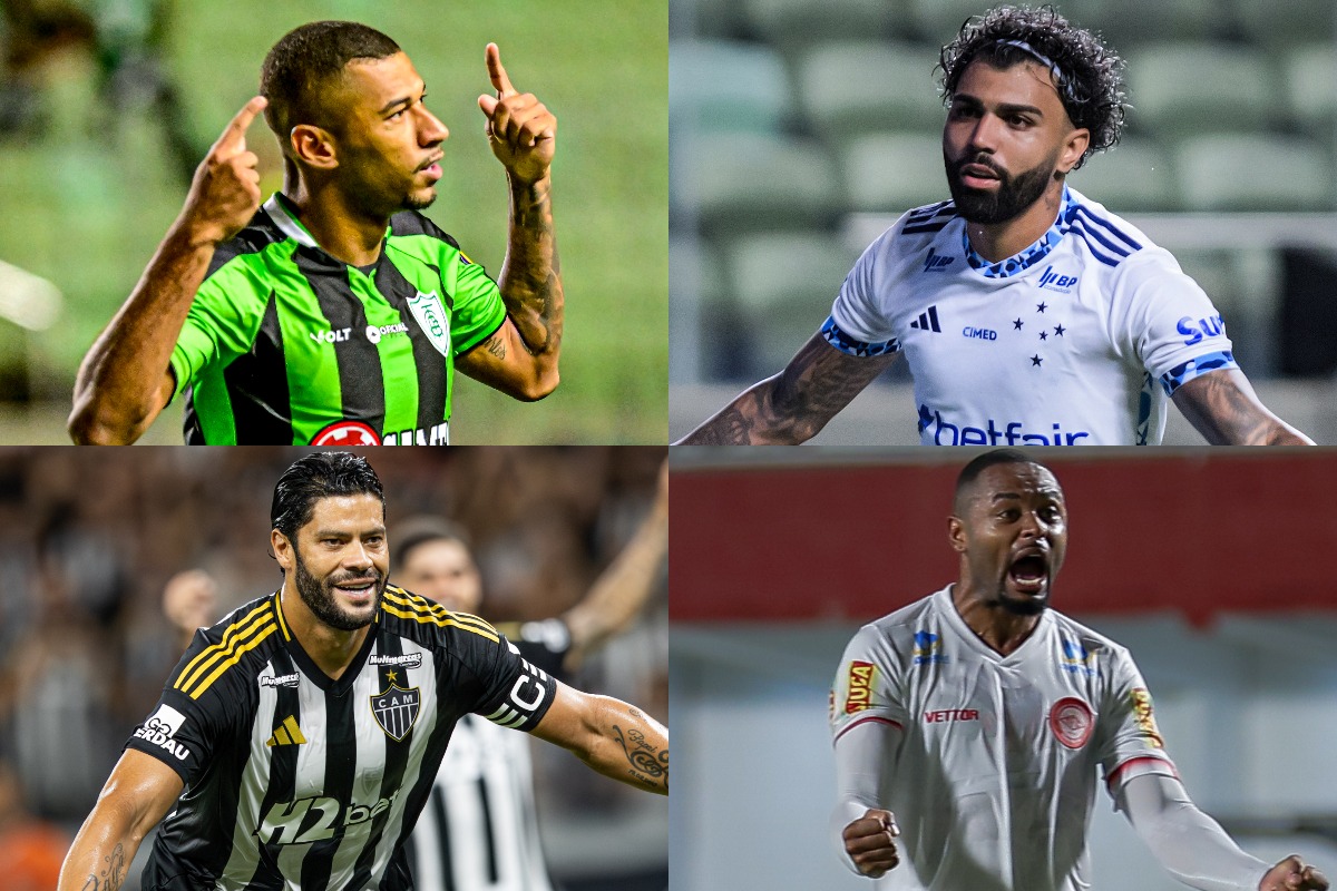 Montagem com as fotos de jogadores de América, Atlético, Cruzeiro e Tombense (foto: Mourão Panda/América - Gustavo Aleixo/Cruzeiro - Pedro Souza / Atlético - Hugo Lopes / FMF)