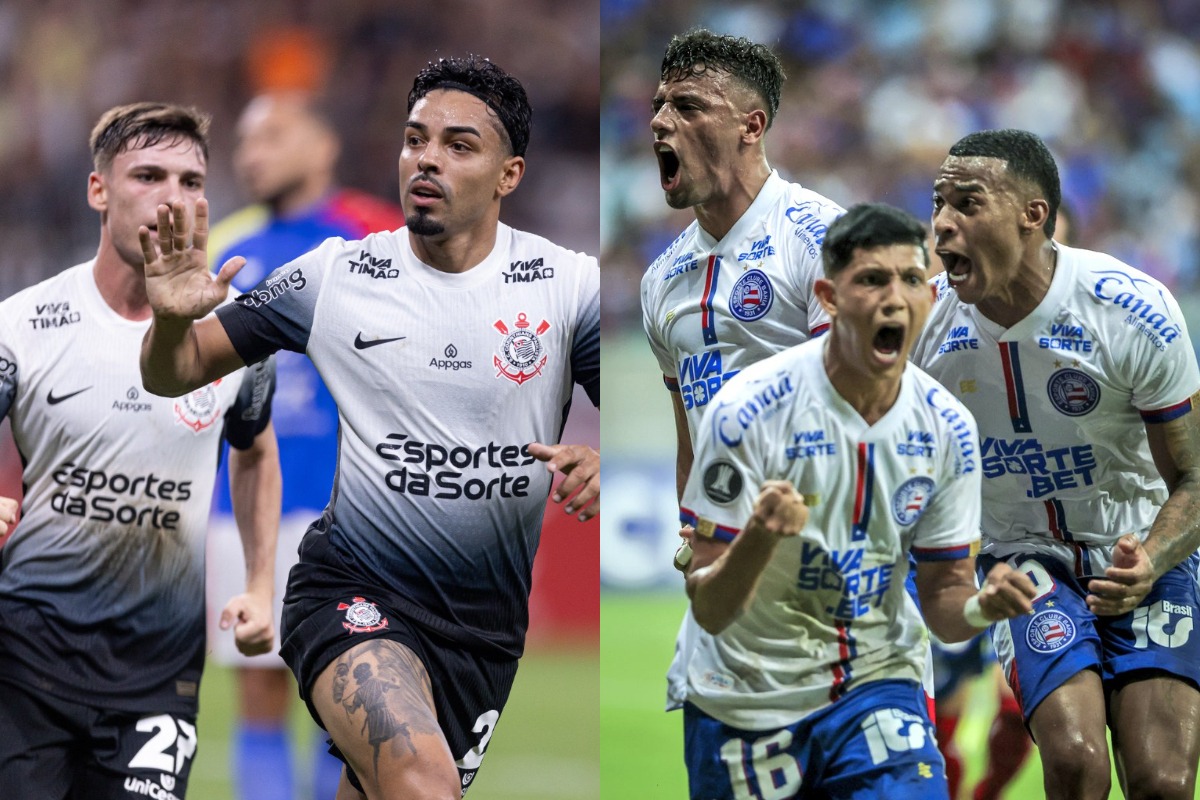 Jogadores do Corinthians e Bahia comemorando (foto: Divulgação / Corinthians e Bahia)