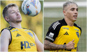 Fuchs e Saravia em treino pelo Atlético (foto: Pedro Souza/Atlético)