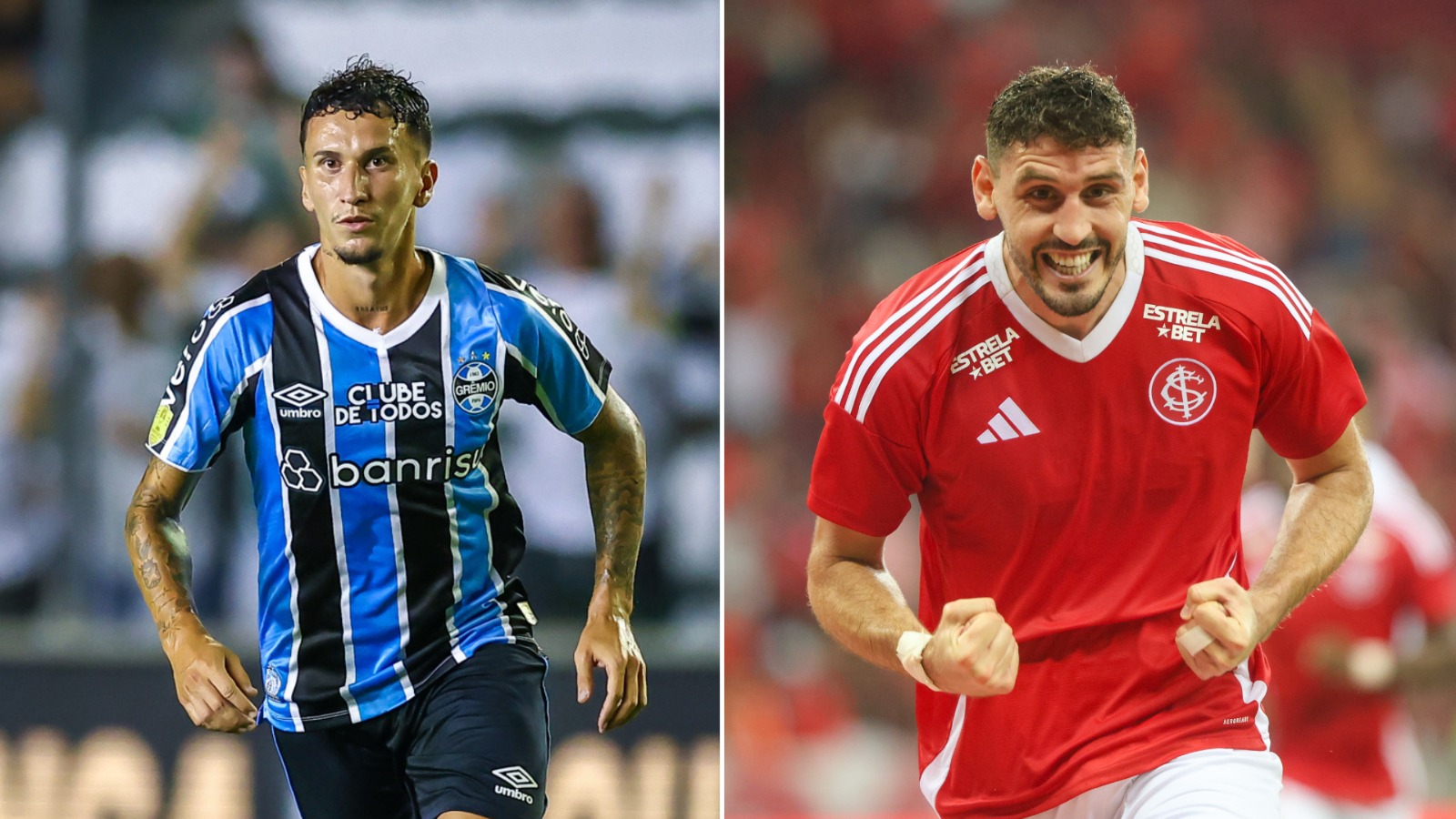 Jogadores de Grêmio e Internacional em campo (foto: Lucas Uebel/Grêmio FBPA e Ricardo Duarte/Internacional)