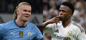 Haaland, do Manchester City, e Vinicius Jr., do Real Madrid (foto: Glyn KIRK / AFP e KARIM JAAFAR / AFP )