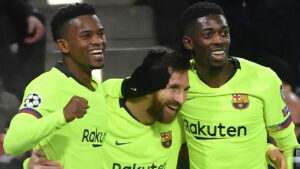 Nelson Semedo, Lionel Messi e Ousmane Dembélé juntos pelo Barcelona (foto: AFP / EMMANUEL DUNAND)