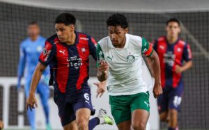 Jogadores de Cerro Porteño e Palmeiras em campo pela Libertadores sub-20 (foto: Fabio Menotti/Palmeiras)