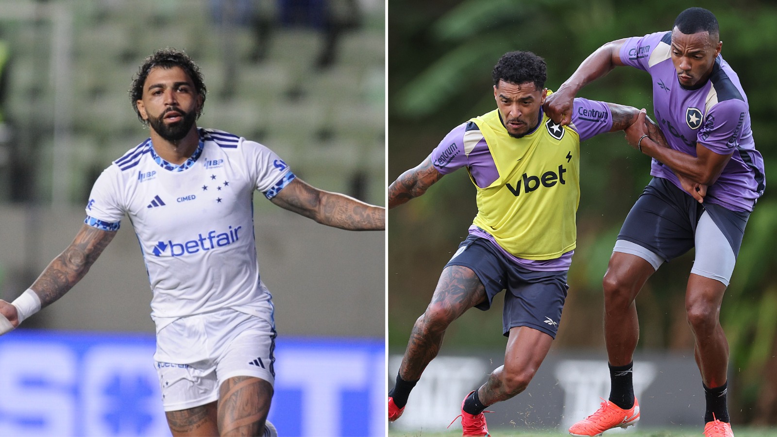 Foto 1: Gabigol comemorando gol pelo Cruzeiro Foto 2: jogadores do Botafogo em treino (foto: Alexandre Guzanshe/EM D.A Press e Vitor Silva/Botafogo)