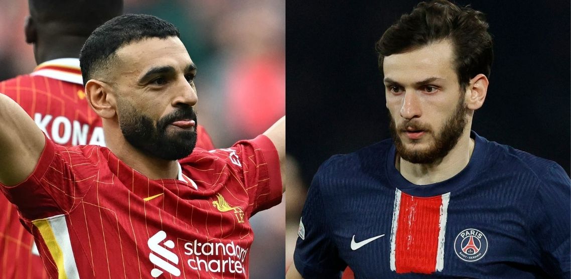 Salah, do Liverpool, e Kvaratskhelia, do PSG (foto: Paul ELLIS / AFP e GEOFFROY VAN DER HASSELT / AFP)