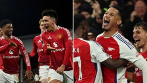 Manchester United e Arsenal se enfrentam neste domingo (9/3) (foto: Glyn Kirk/AFP e Adrian Dennis/AFP)